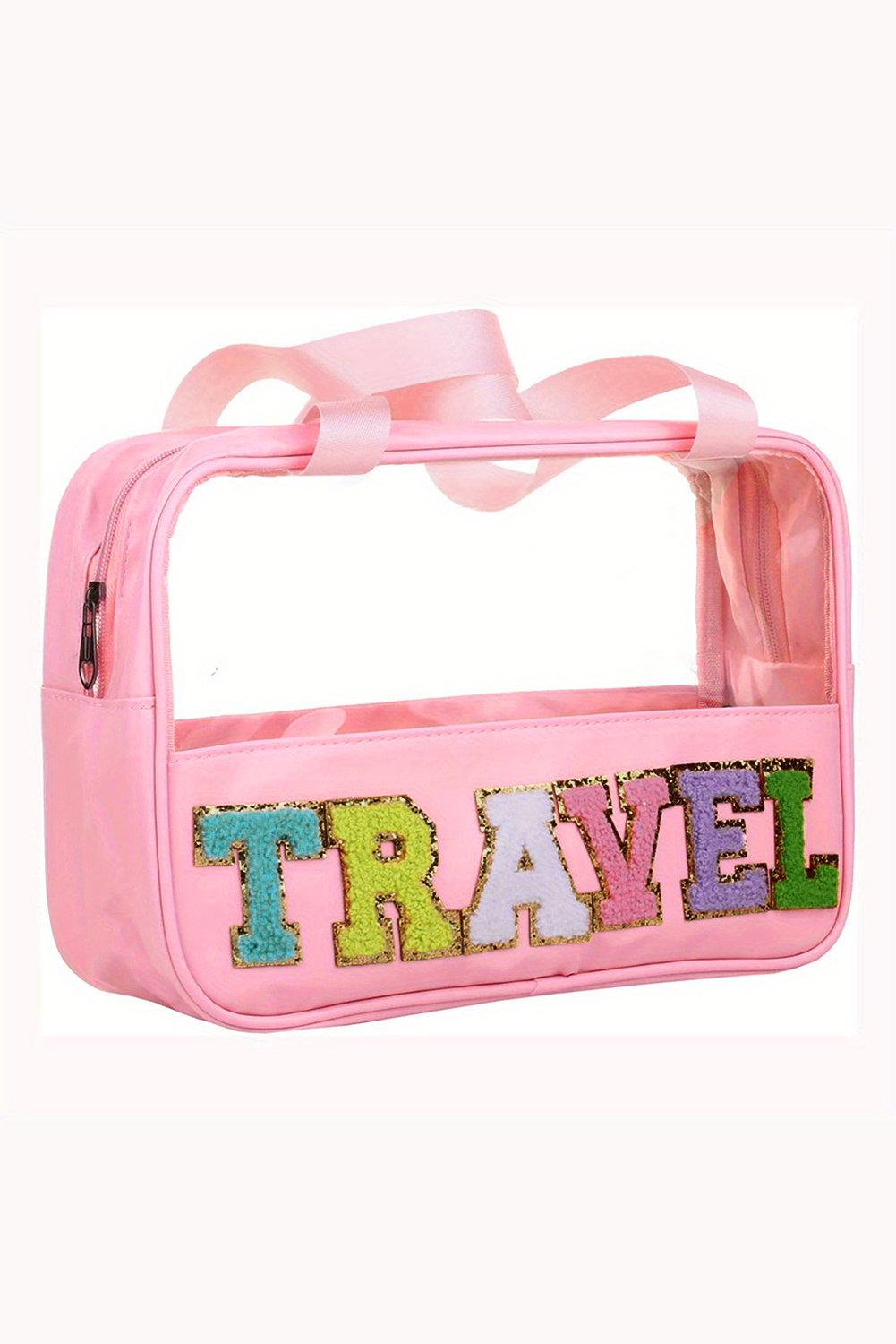 Light Pink TRAVEL Chenille Letter Clear PVC Makeup Bag - loveforevers