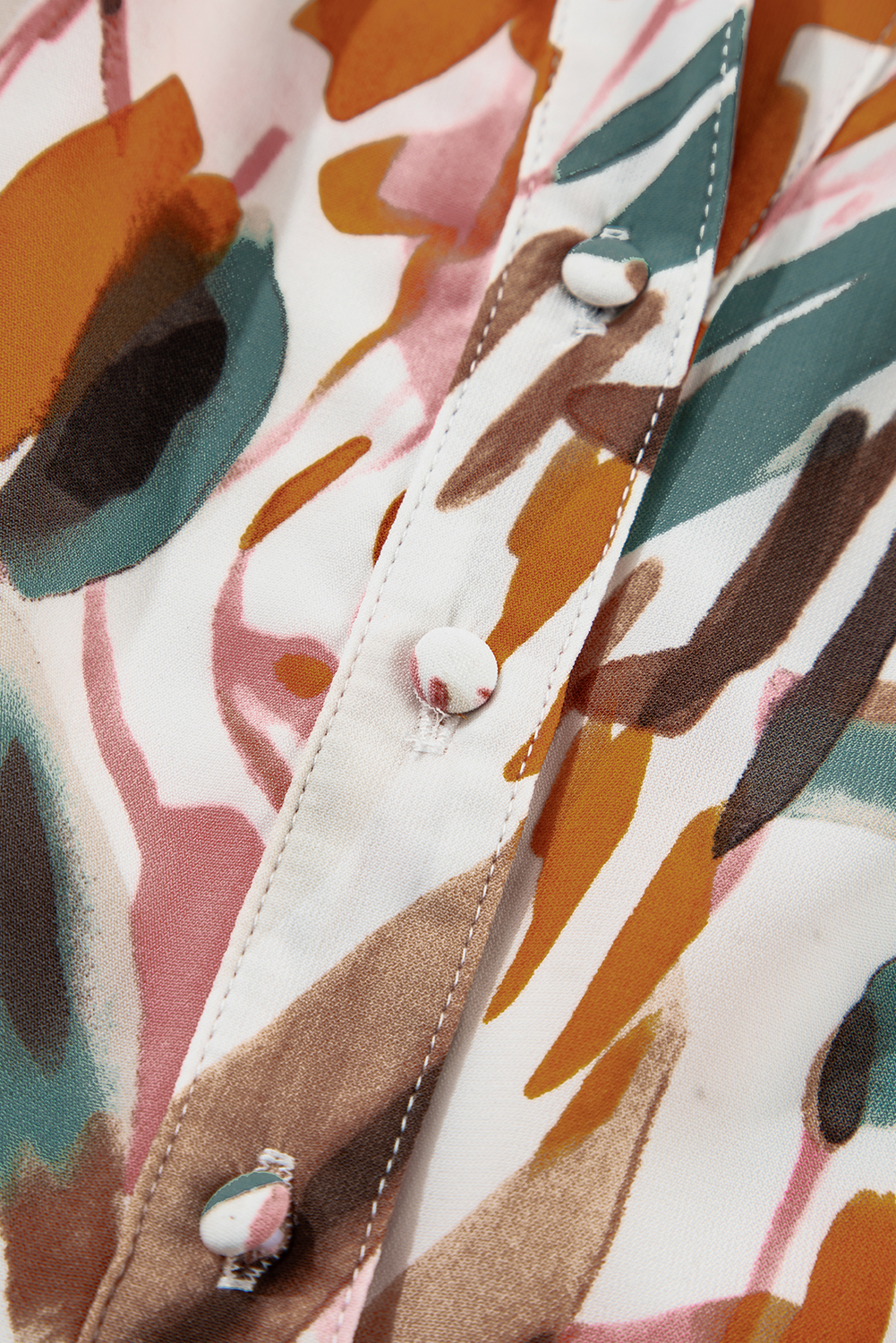 Brown Abstract Printed Puff Sleeve Button Up Braided Belt Mini Dress - loveforevers