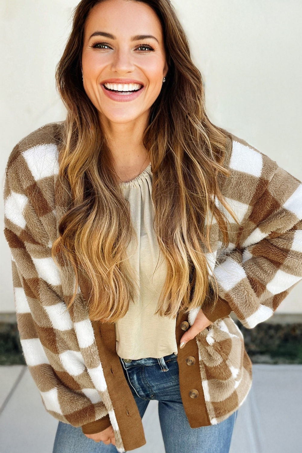 Brown Checkered Sherpa Loose Knit Cardigan with Pockets - loveforevers