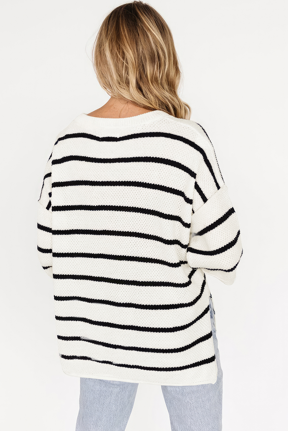 Black Stripe Henley Buttoned Placket Drop Shoulder Bracelet Sleeve Knit Sweater Tee - loveforevers