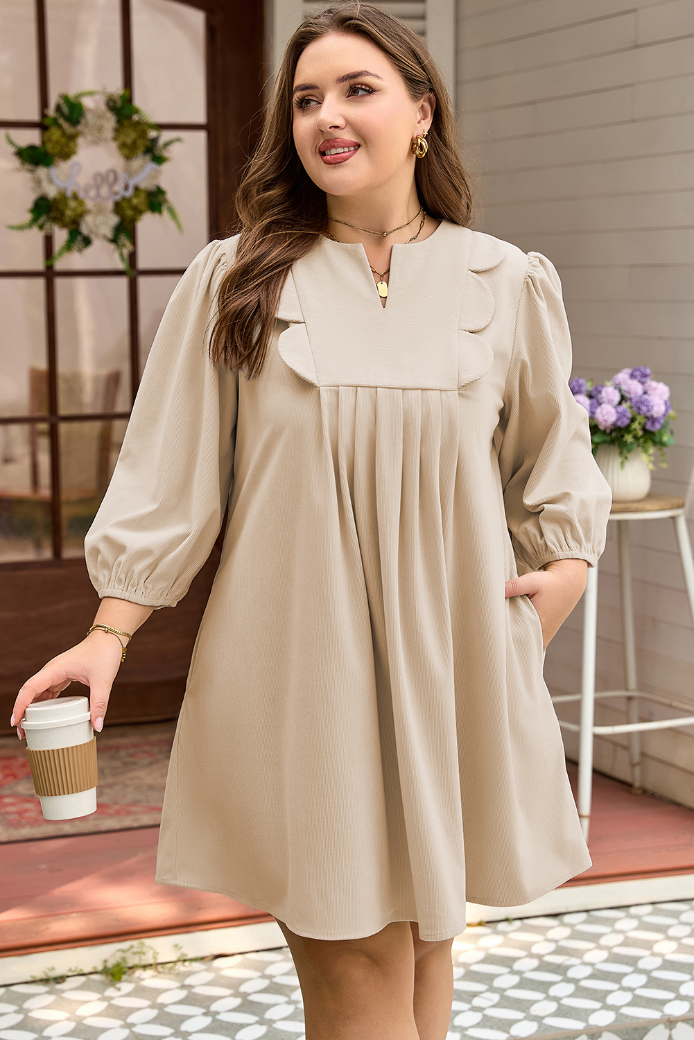 Parchment Notched Neck Scallop Detail Plus Size Mini Dress - loveforevers