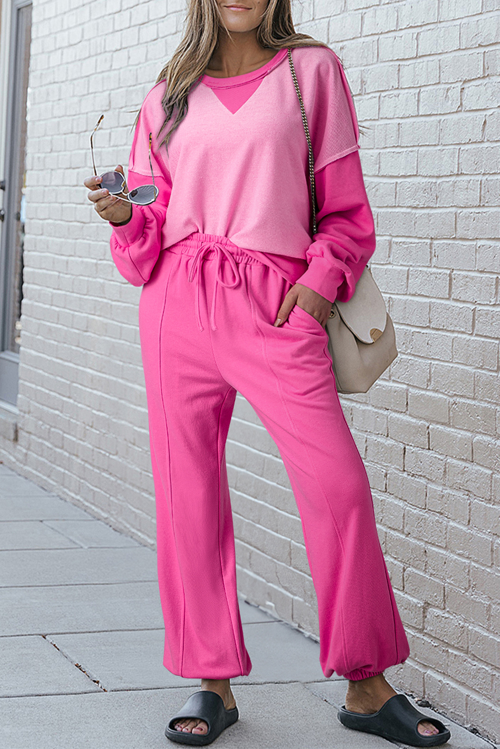 Bonbon Contrast Patchwork Pullover and Drawstring Joggers Set - loveforevers