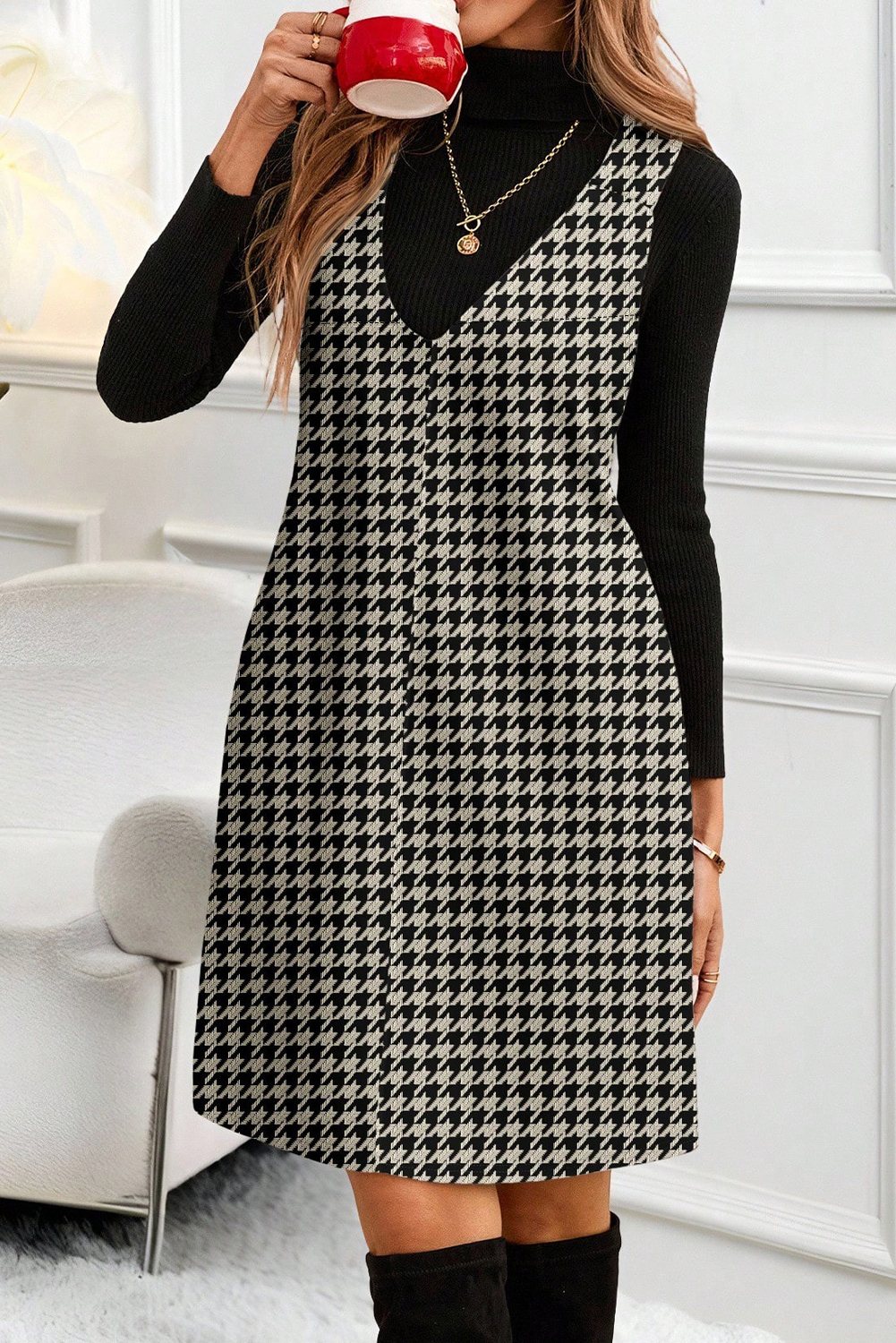 Khaki Houndstooth Print V Neck Sleeveless Mini Dress - loveforevers