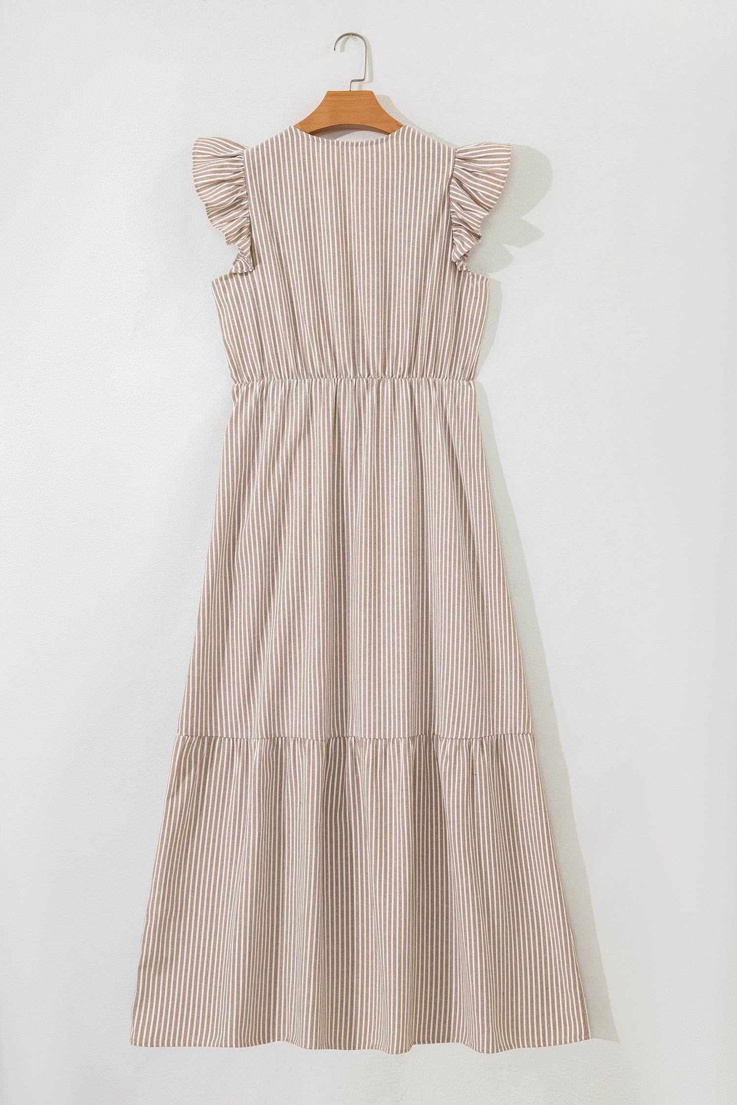 Khaki Stripe Flutter Sleeve Buttoned Front Slit Maxi Dress - loveforevers