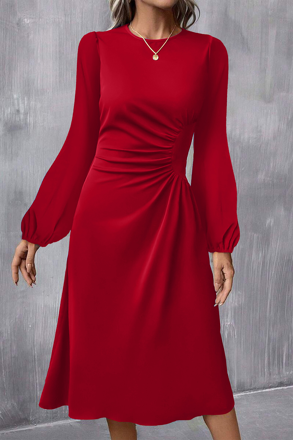 Fiery Red Solid Color Ruched Detail Long Sleeve Midi Dress - loveforevers