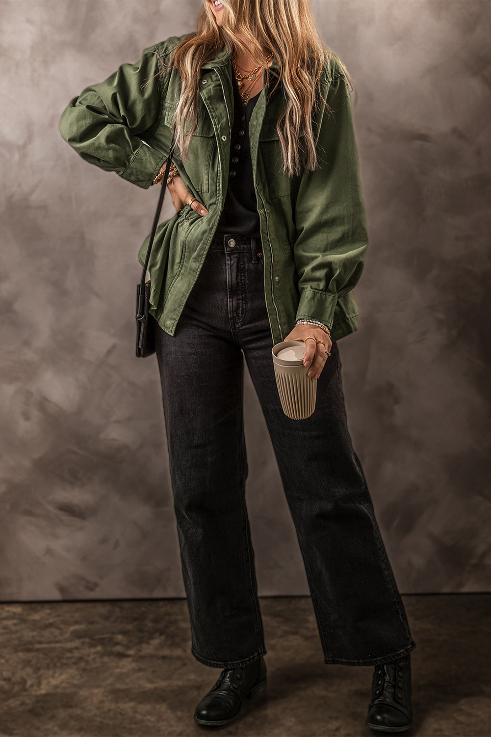 Moss Green Snap Button Zipper Tight Waist Collared Jacket - loveforevers