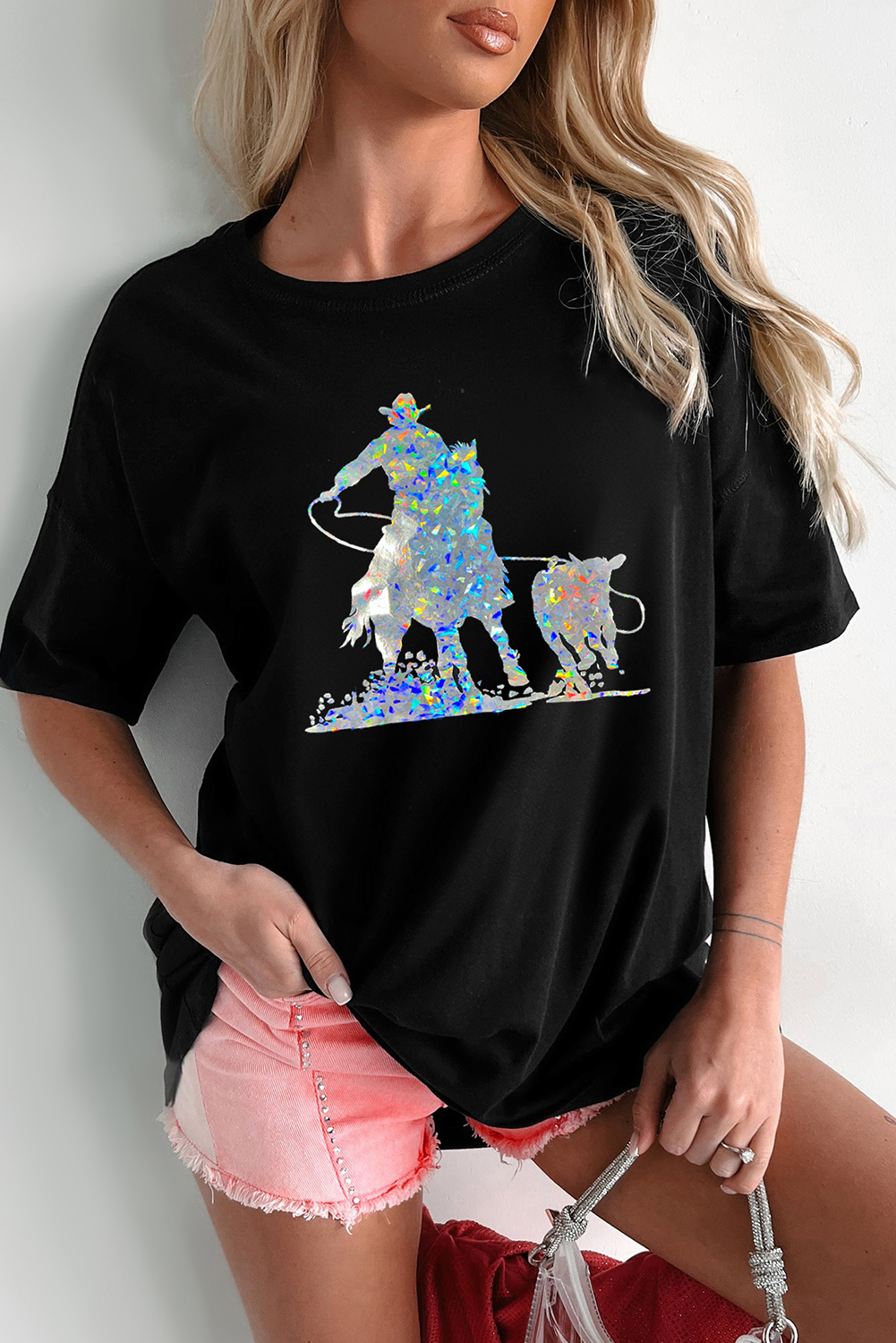 Black Laser Western Cowboy Graphic Crewneck Tee - loveforevers