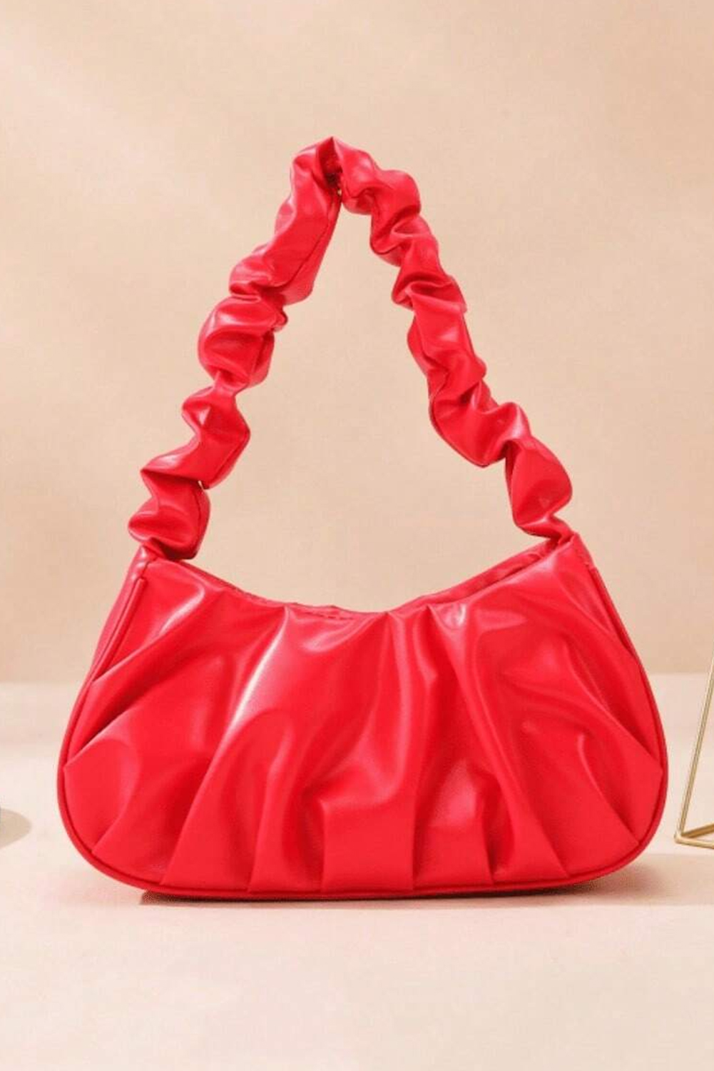 Fiery Red Ruched Faux Leather Shoulder Bag - loveforevers