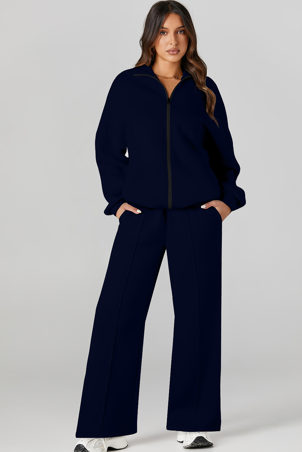 Navy Blue Drop Shoulder Zip Up Jacket Drawstring Pants Active 2pcs Set - loveforevers