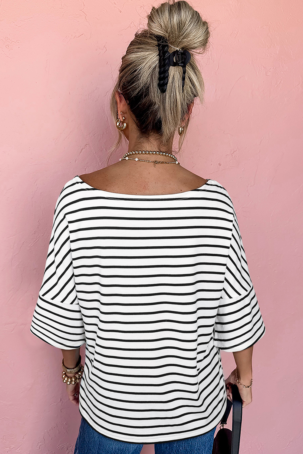 Black Stripe Half Sleeve Scoop Neck Loose Top - loveforevers