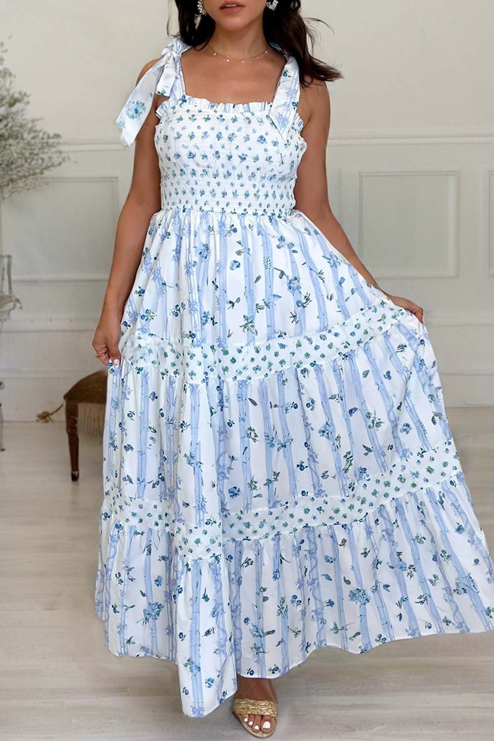 Sky Blue Floral Smocked Tied Straps A-Lined Tiered Maxi Dress - loveforevers