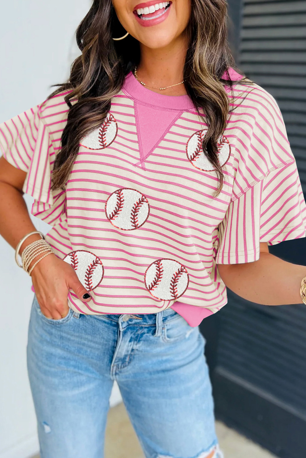 Sachet Pink Sequin Baseball Pattern Striped Ruffle Sleeve Round Neck Knit Top - loveforevers