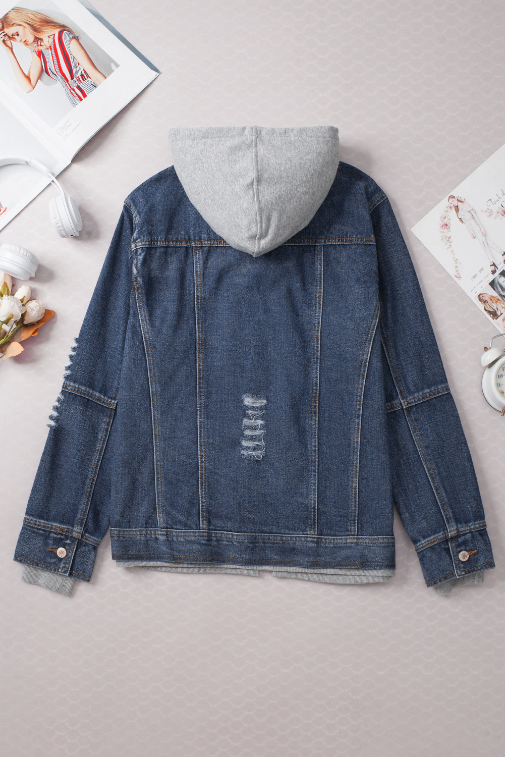 Dark Blue Fake Two-Piece Hooded Zip-Up Denim Jacket - loveforevers