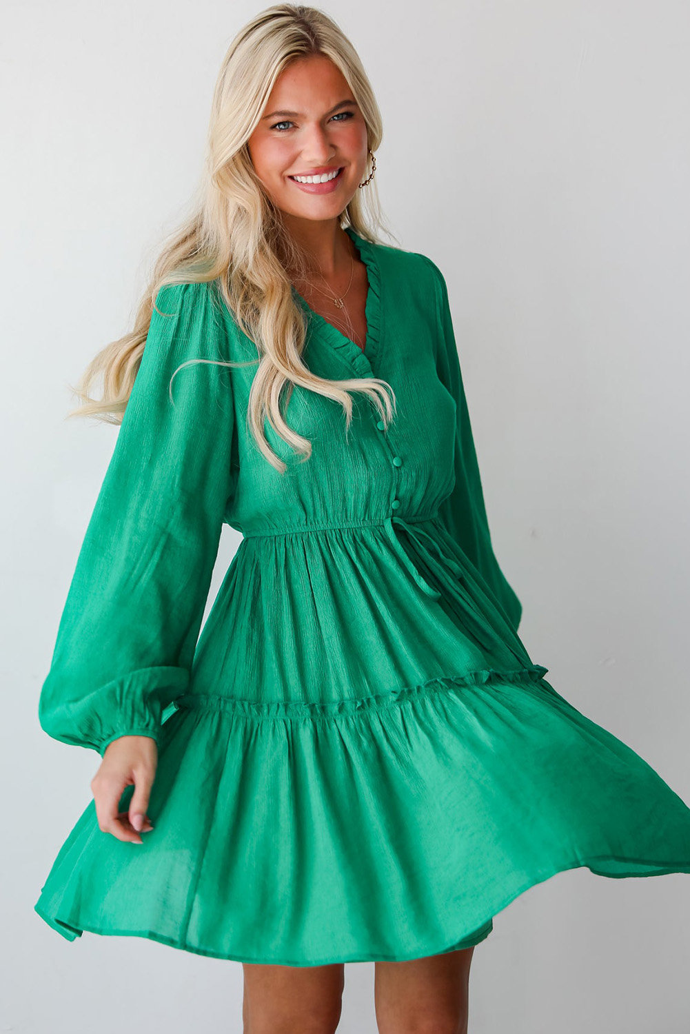 Sea Green Frilly V Neck Puff Sleeve Drawstring Shift Mini Dress - loveforevers