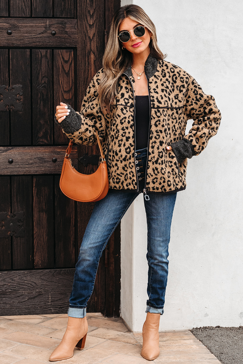 Khaki Leopard Print Zip Up Stand Neck Side Pocket Jacket - loveforevers