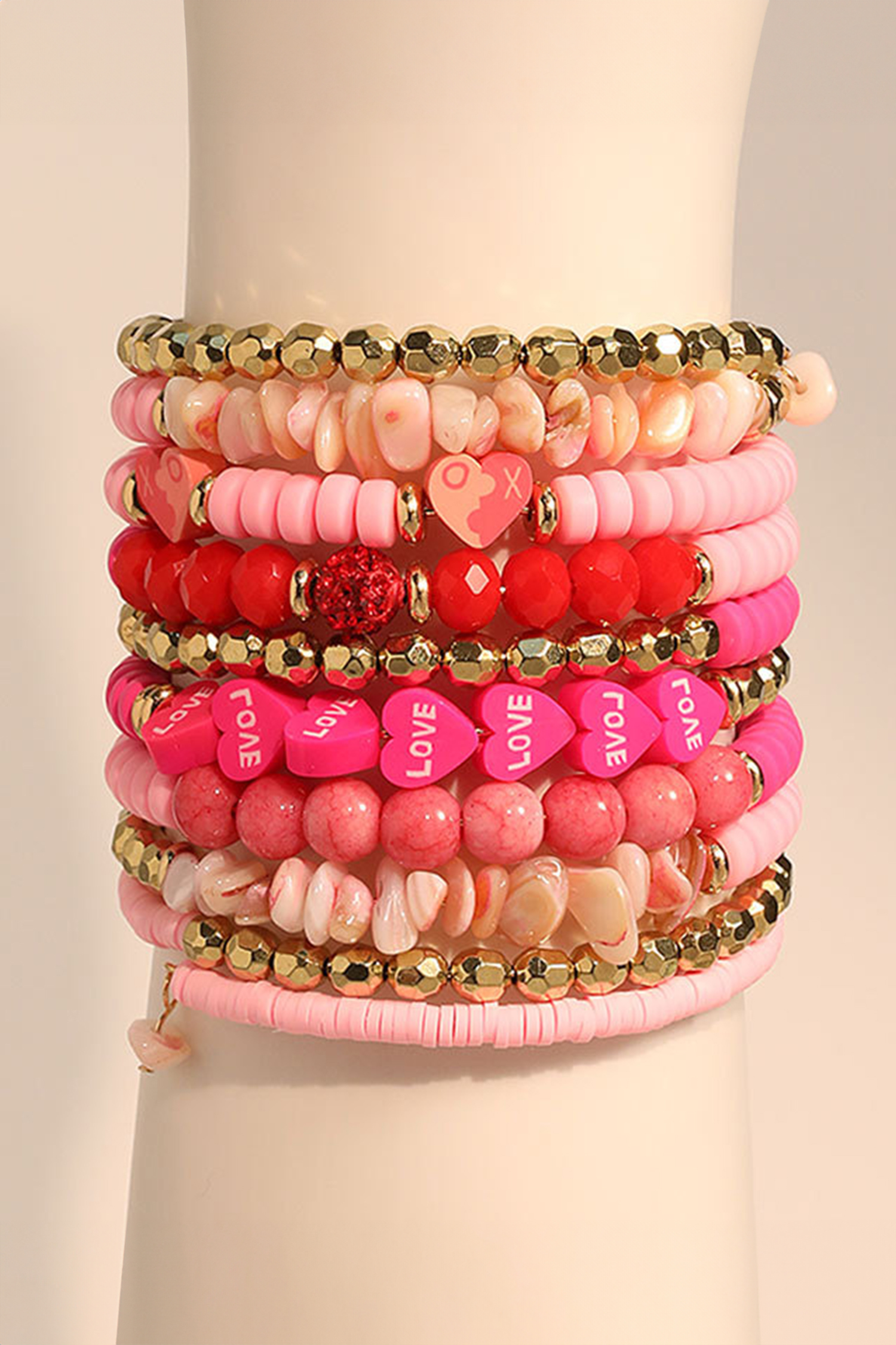 Rose Red 10pcs Polymer Clay Crystal Bead Valentines Heart Multilayer Bracelet Set - loveforevers