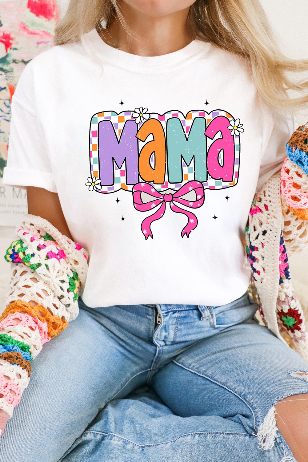 White Cute MaMa Bow Graphic Crewneck T Shirt - loveforevers