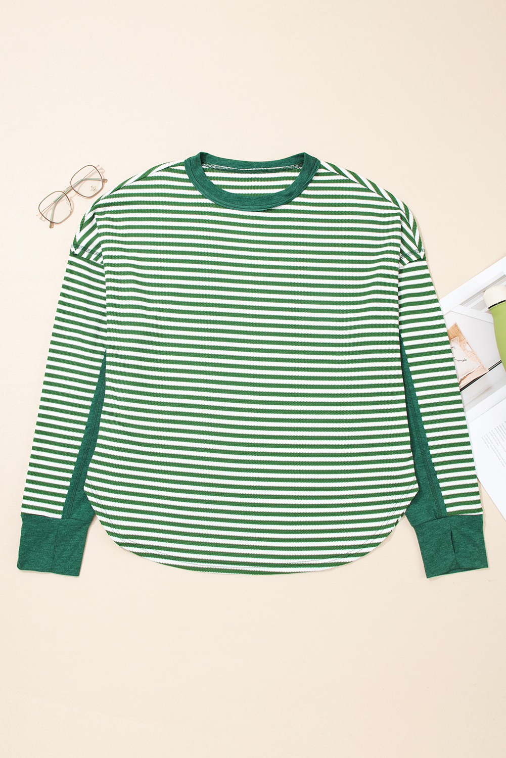 Dearlovers Green Stripe Thermal Knit Drop Shoulder Casual Top - loveforevers