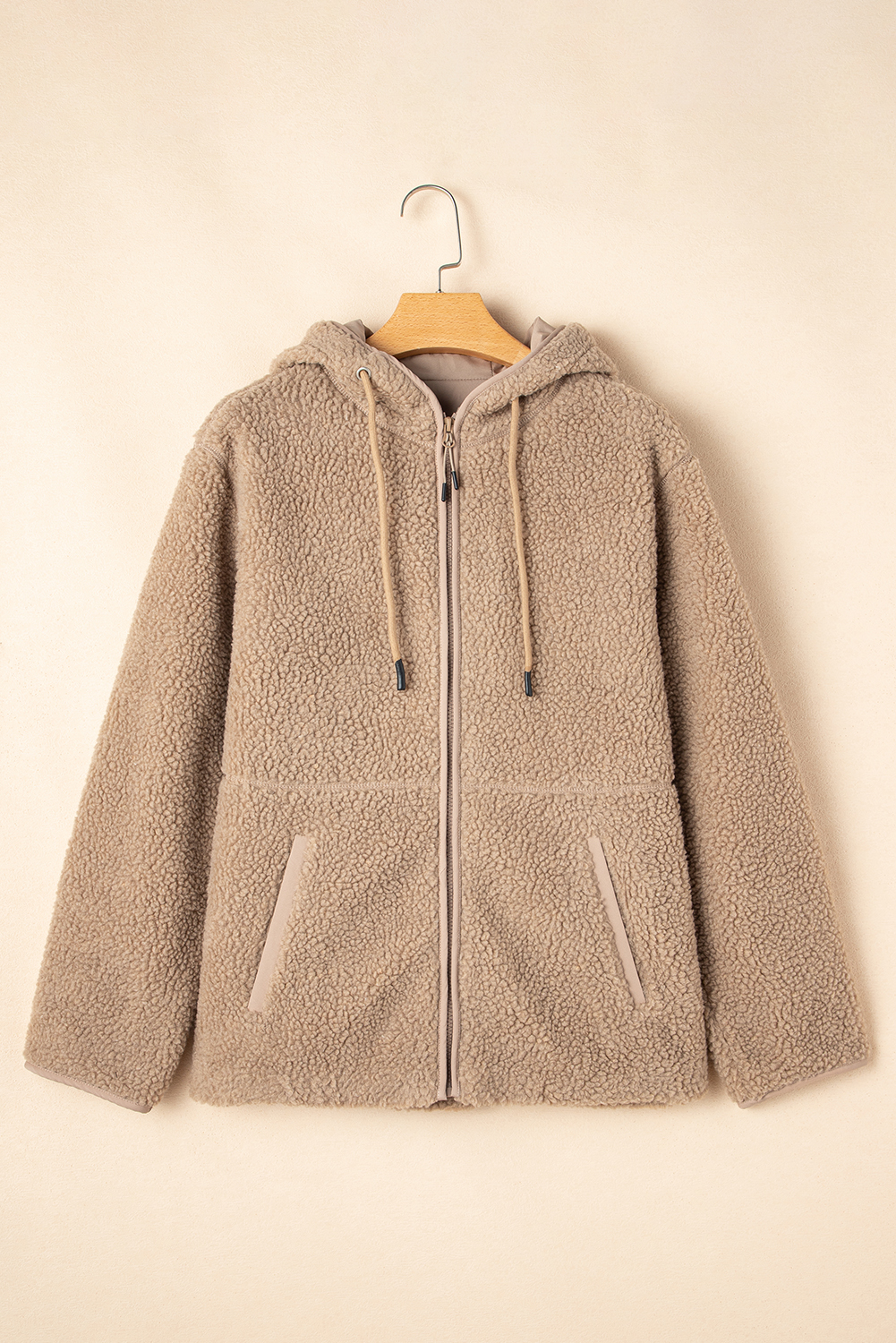 Pale Khaki Fleece Zip Up Drawstring Hooded Pocketed Jacket - loveforevers