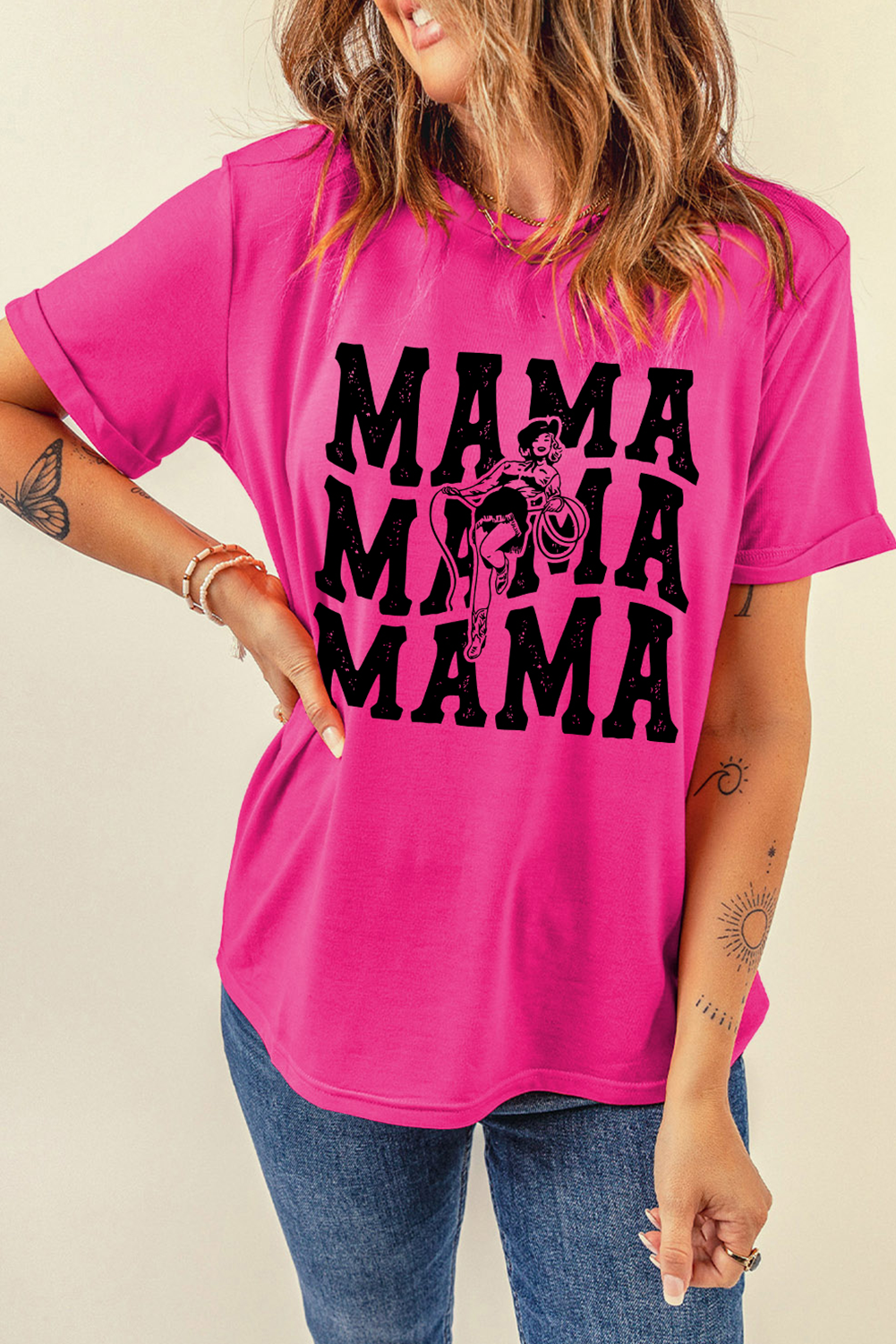Rose Red Western MAMA Print Crew Neck T Shirt - loveforevers
