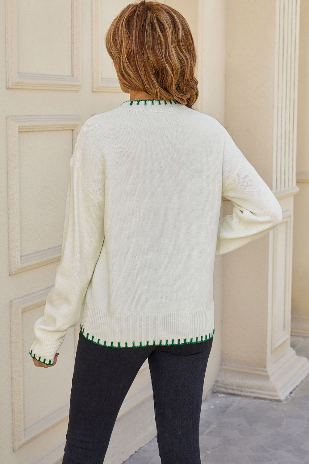 White Lemon Pattern Contrast Stitched Trim Drop Shoulder Sweater - loveforevers
