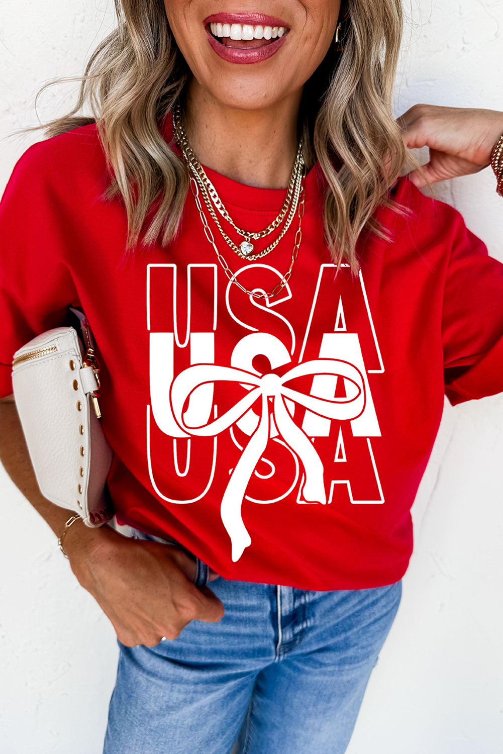 Red USA Bow Printed Casual Cotton Blend T Shirt - loveforevers