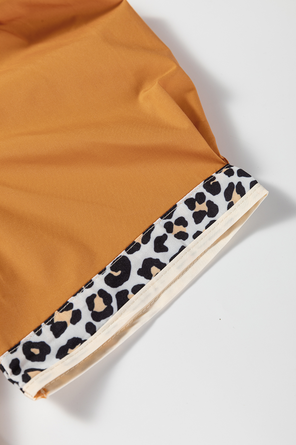 Buckskin Contrast Leopard Trim Split Neck Puff Sleeve Blouse - loveforevers
