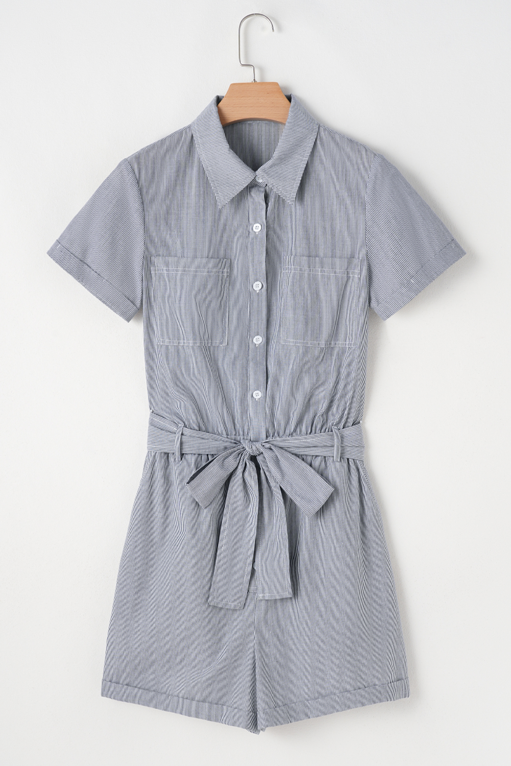 Blue Stripe Chest Pockets Buttoned Belted High Waist Romper - loveforevers