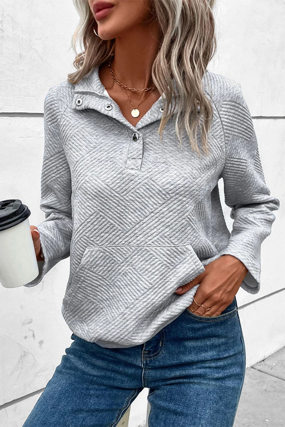 Apricot  Asymmetric Buttons Detail High Neck Textured Sweatshirt - loveforevers
