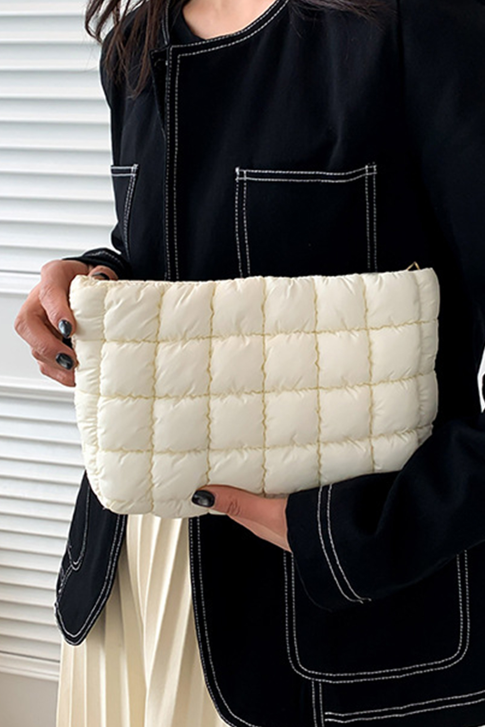 White Zipper Quilted Puffer Cosmetic Bag - loveforevers