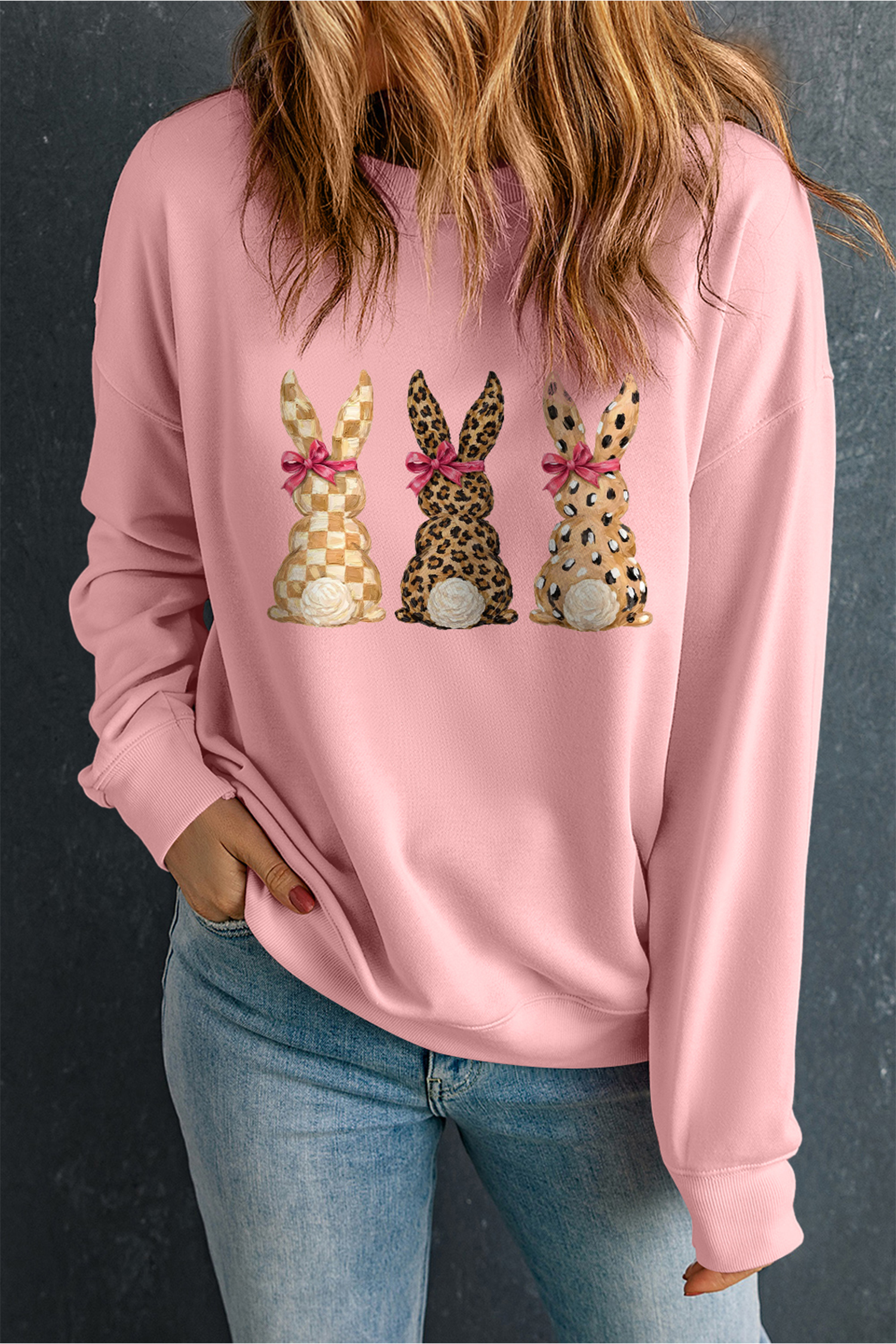 Pink Checkered Leopard Easter Bunny Dropped Shoulder Sweatshirt - loveforevers