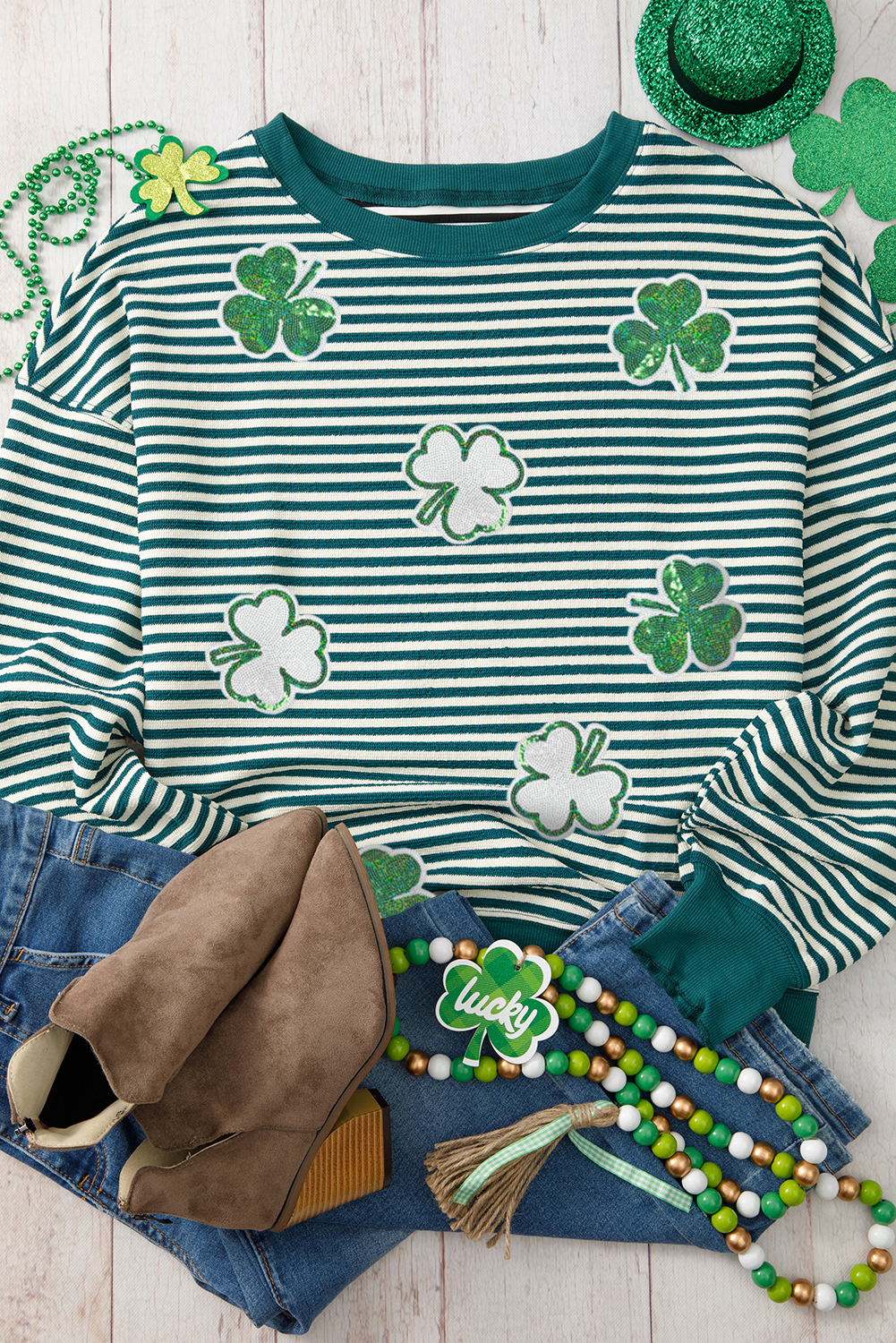 Green Stripe Sequined Clover Drop Shoulder Long Sleeve Casual Top - loveforevers