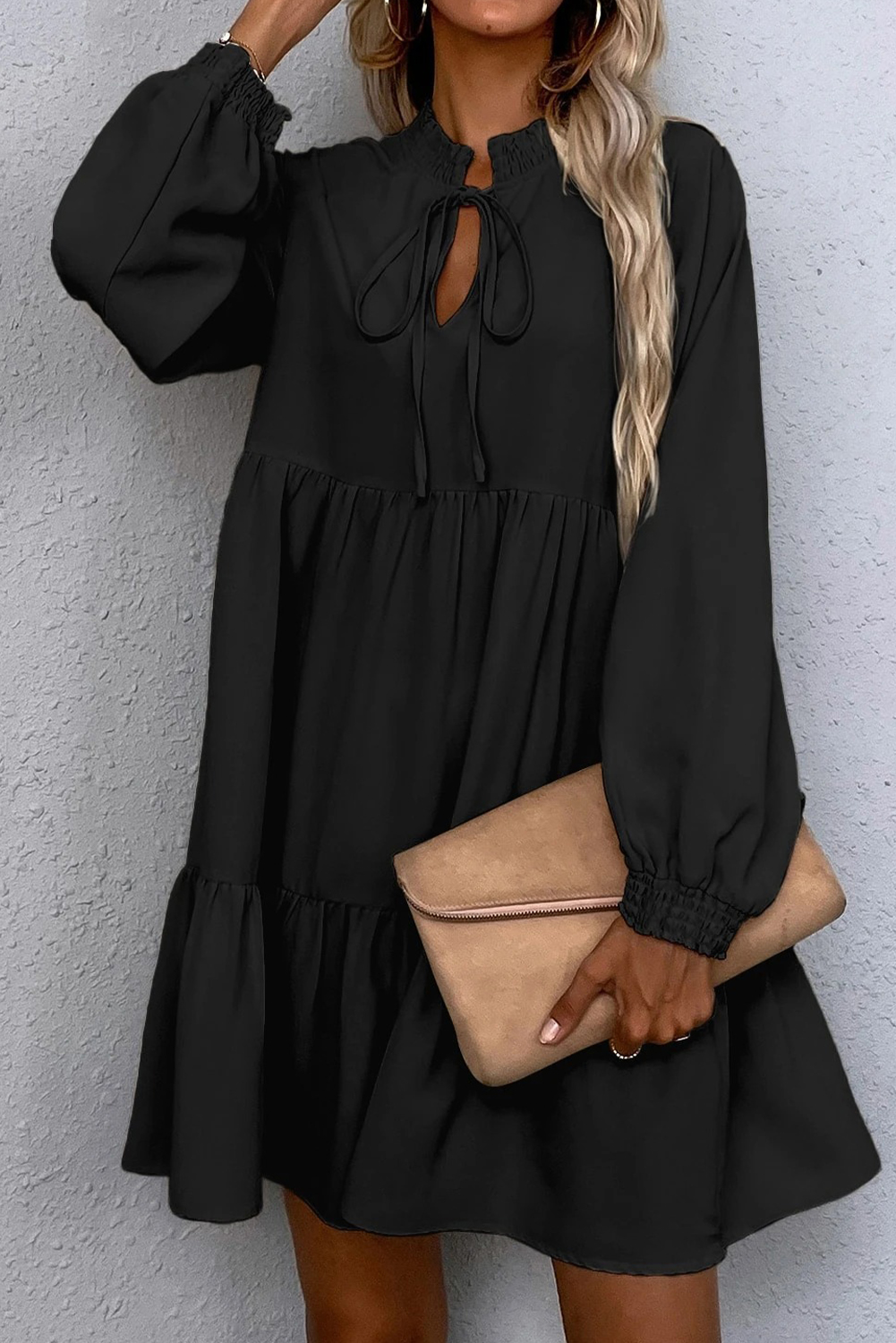 Black Tie Split Neck Smocked Detail Long Puff Sleeve Ruffle Hem Loose Dress - loveforevers