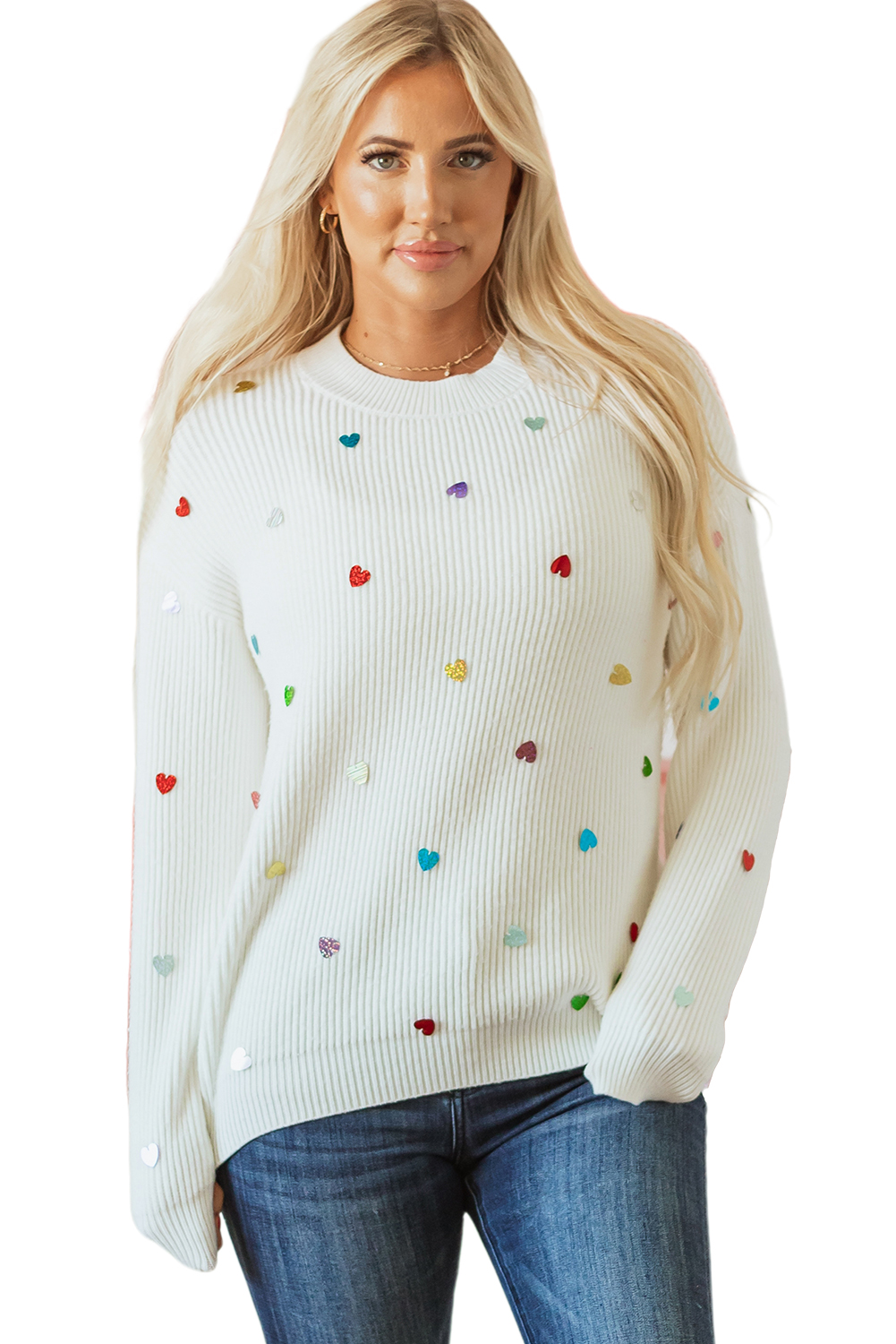 Beige Sequin Heart Shape Waffle Knit Round Neck Sweater - loveforevers