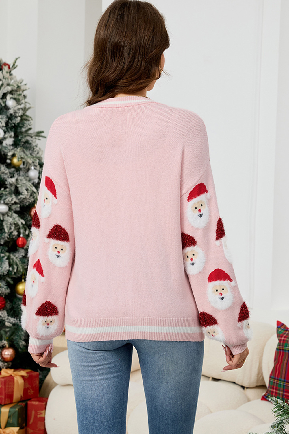 Black Christmas Santa Claus Pattern Button V Neck Sweater Cardigan - loveforevers