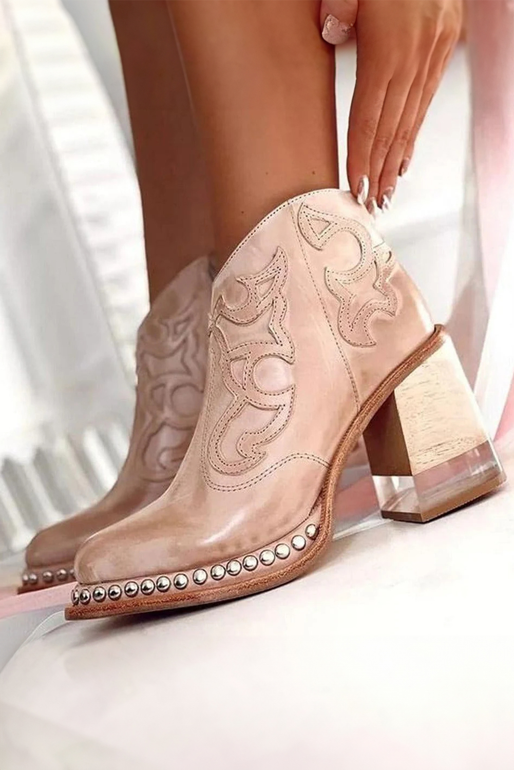 Light French Beige Western Embroidered PU Leather Studded Detail High Heel Ankle Boots - loveforevers