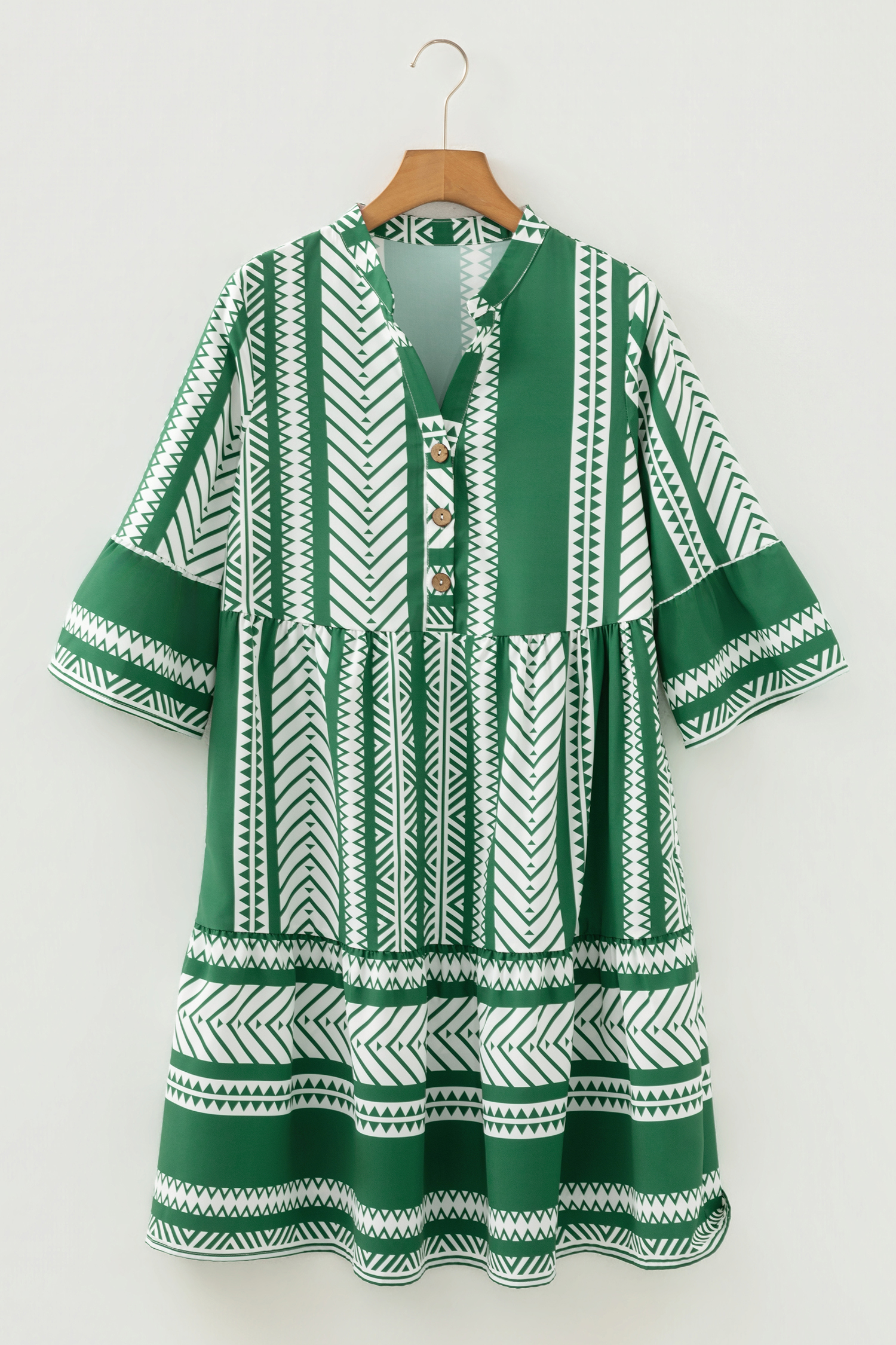 Green Boho Ethnic Print Half Button 3/4 Sleeve Casual Dress - loveforevers