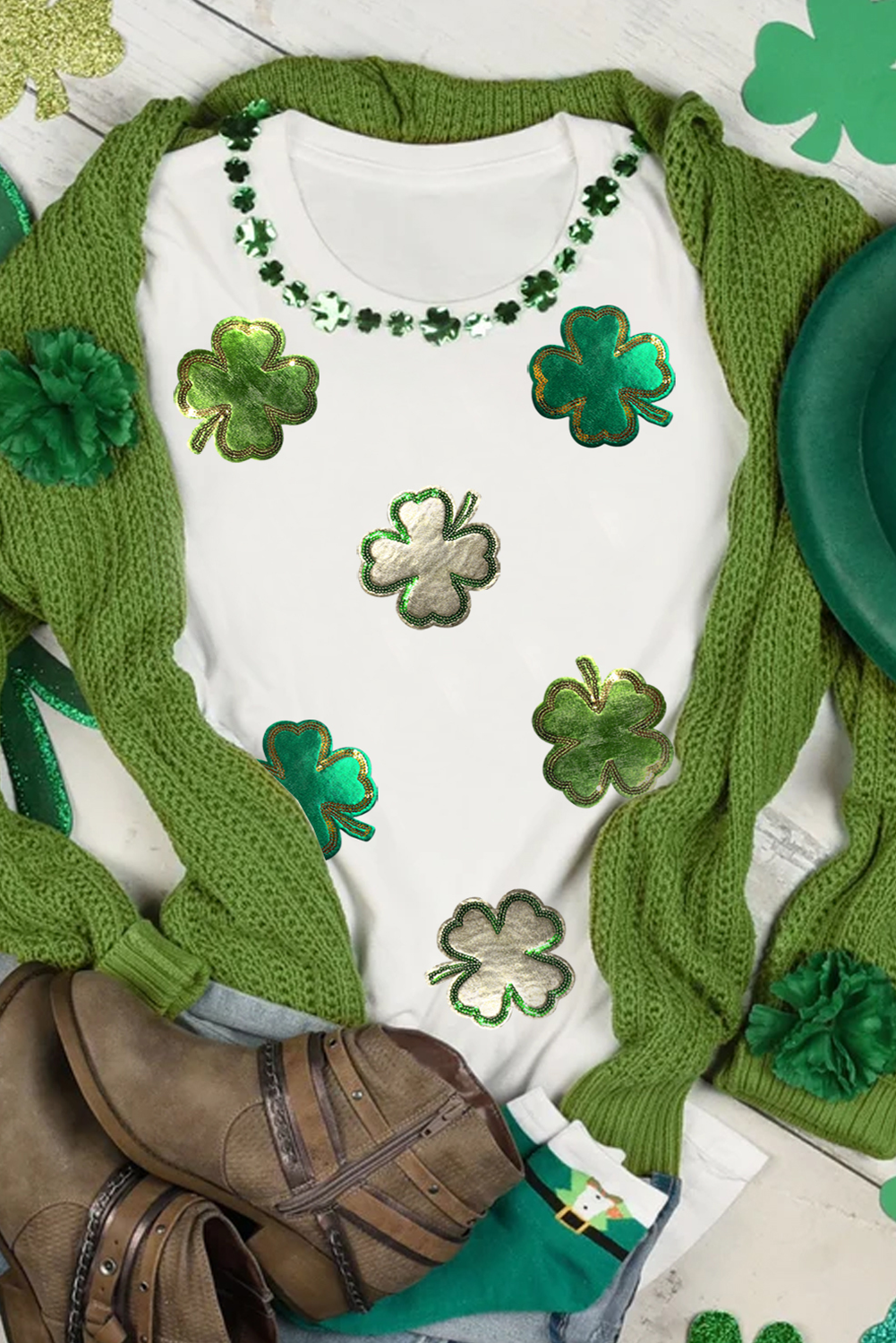 White St.Patrick Clover Crew Neck T Shirt - loveforevers