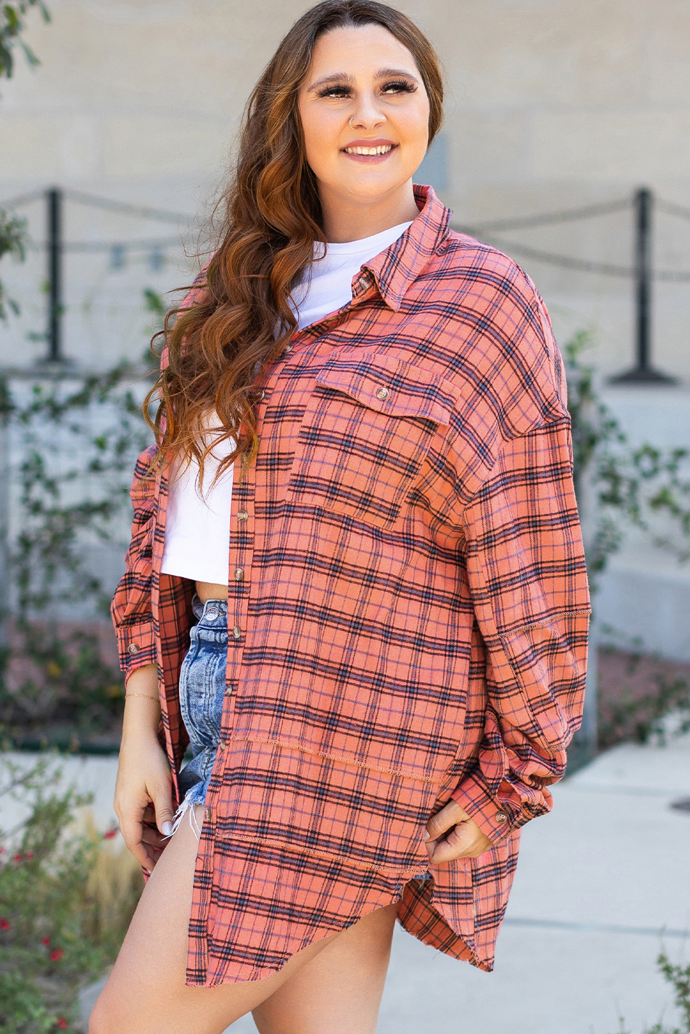 Red Plaid Long Sleeeve Side Split Distressed Hem Shirt - loveforevers