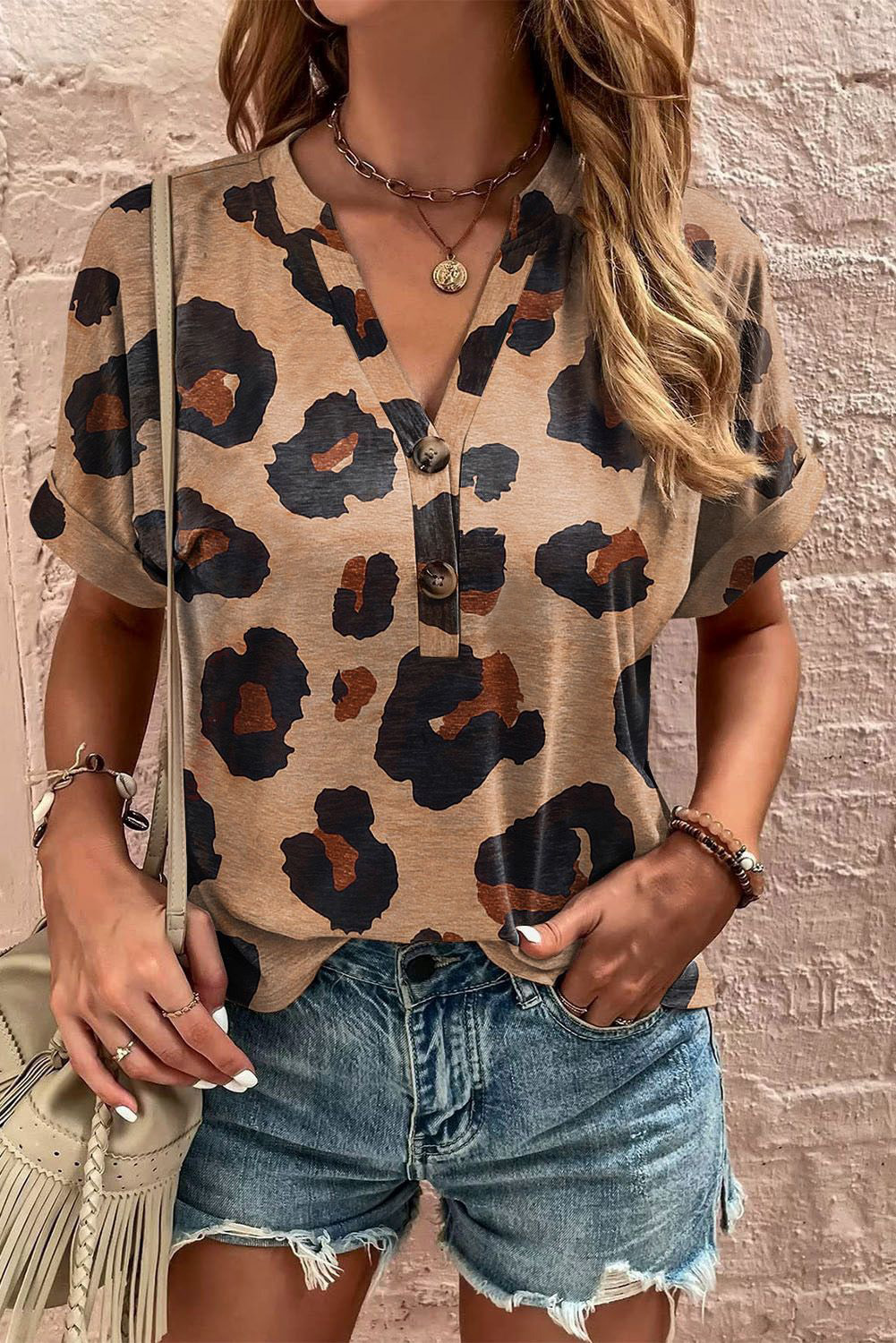Light French Beige Leopard Folded Short Sleeve Buttoned V Neck T Shirt - loveforevers