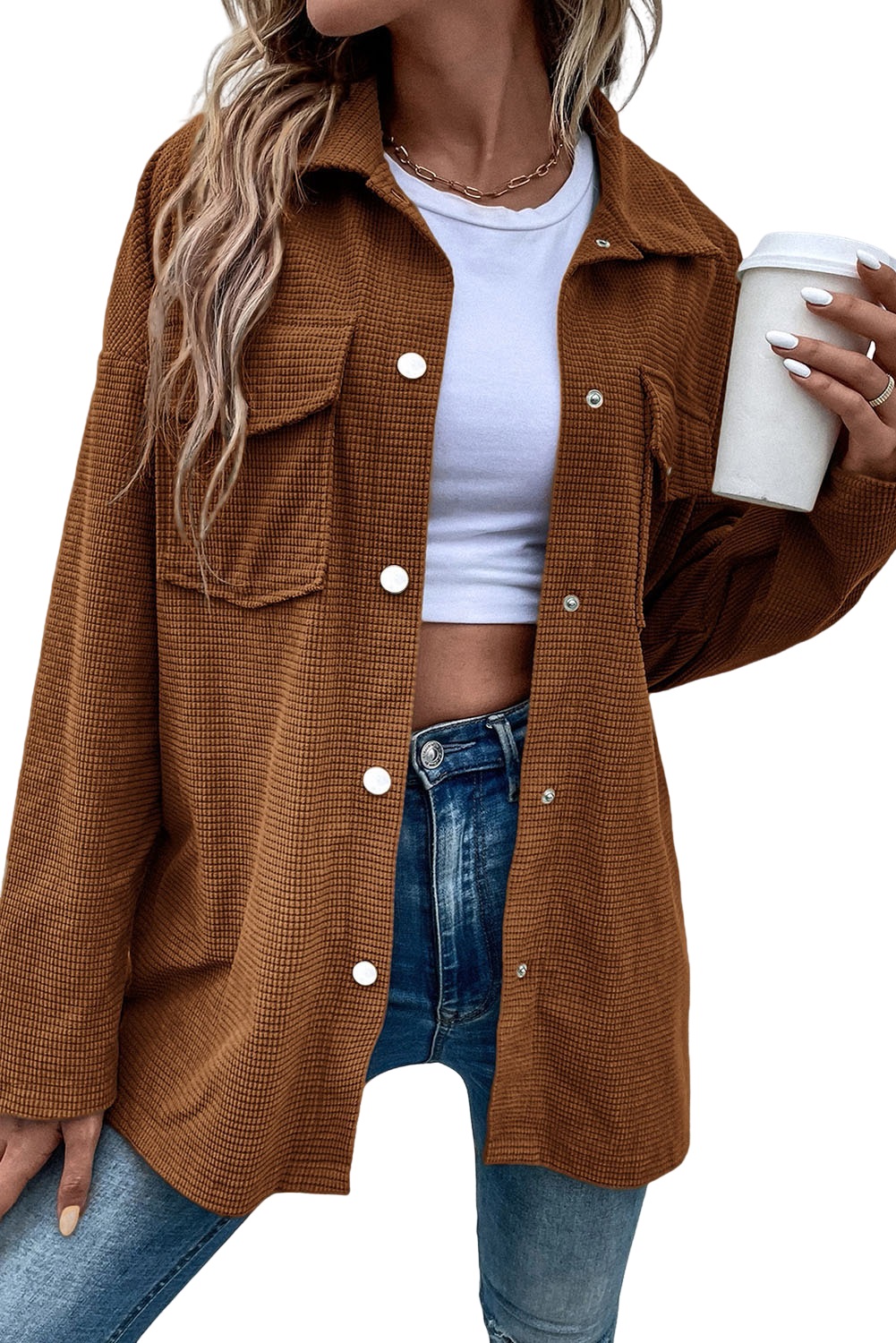 Brown Textured Flap Pocket Drop Shoulder Shacket - loveforevers