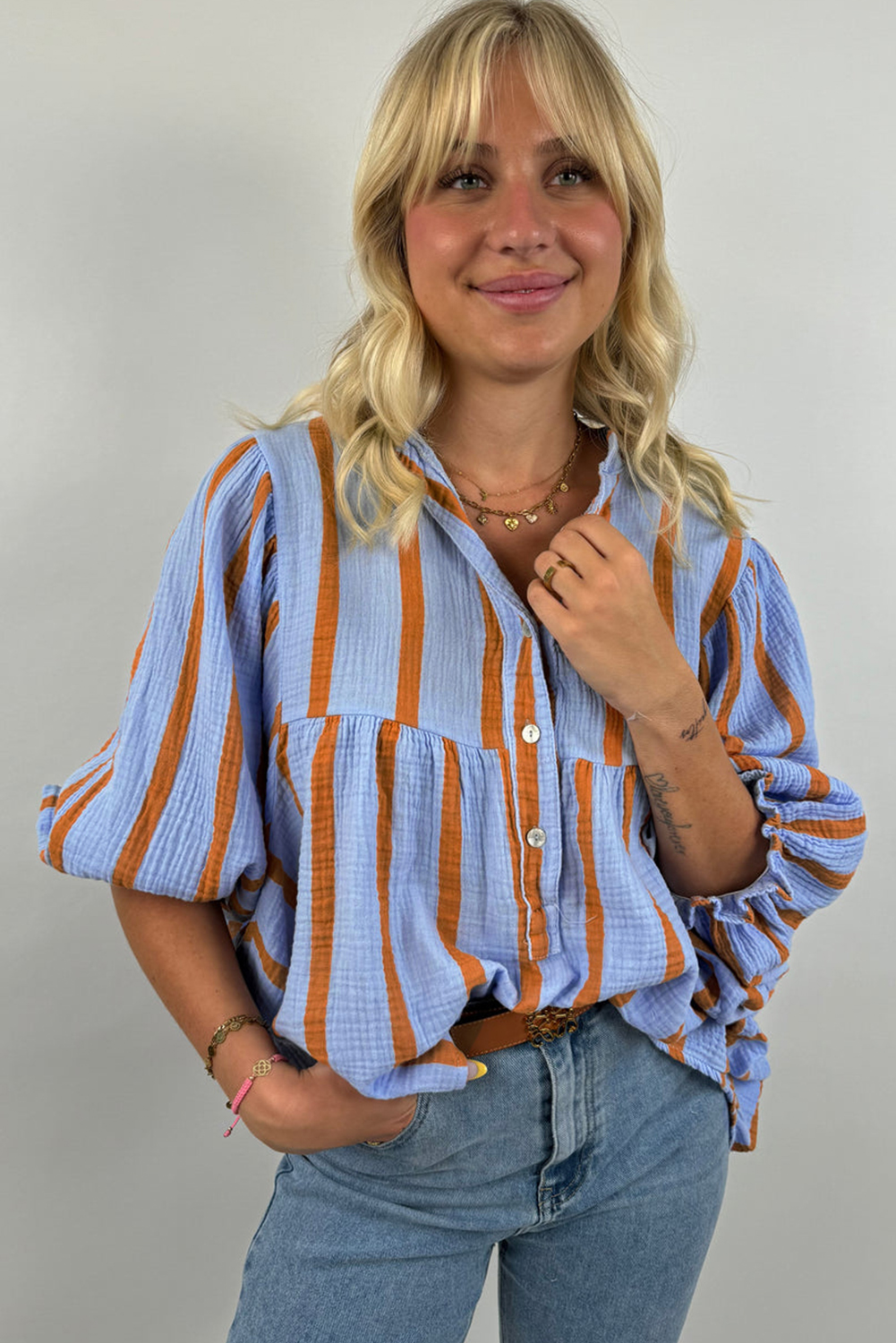 Sky Blue Stripe Crinckled Ruffled Sleeve Button up Loose Shirt - loveforevers