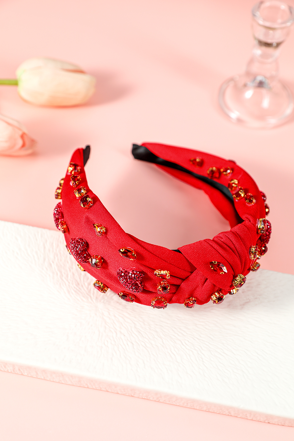 Fiery Red Rhinestone Heart Glass Drill Studded Knotted Wide Headband - loveforevers