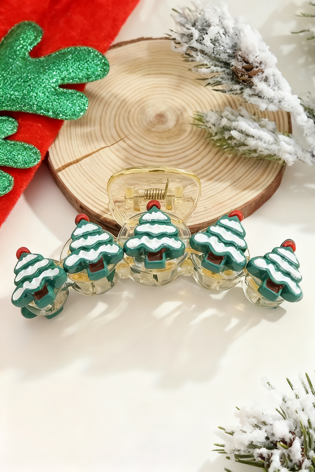 Dark Green Christmas Tree Detail Clear Hair Claw Clip - loveforevers
