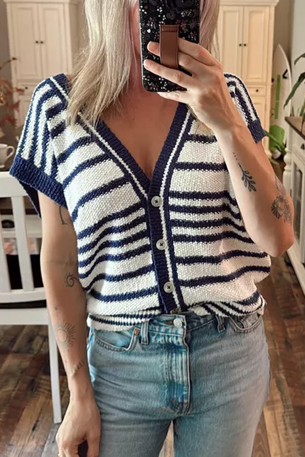 Blue Stripe Loose Buttoned V Neck Sweater Vest - loveforevers