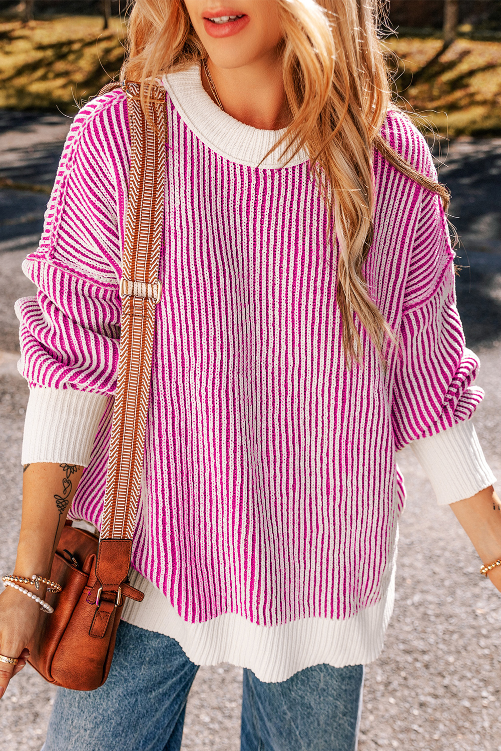 Bright Pink Striped Textured Knit Contrast Edge Loose Sweater - loveforevers