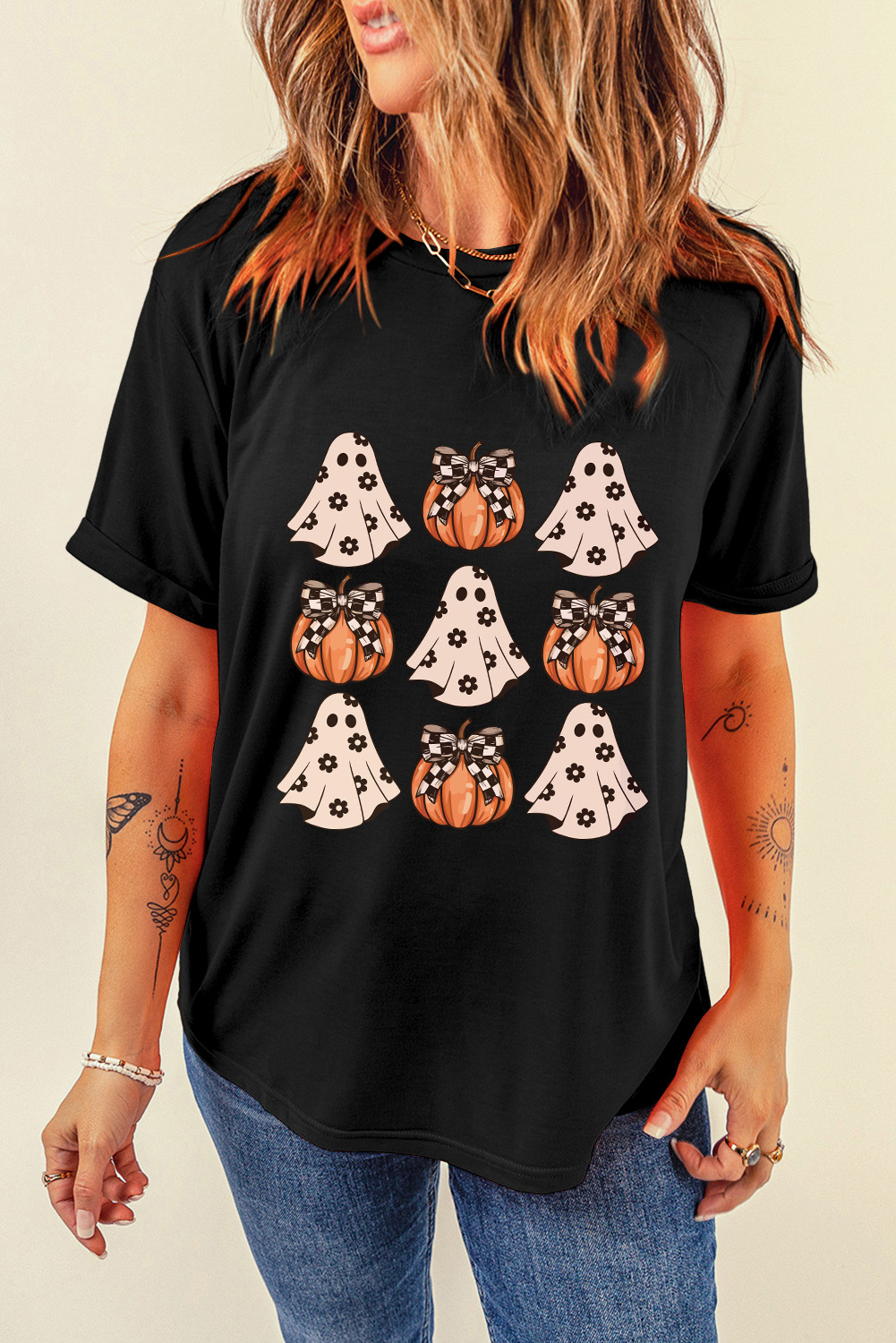 Black Halloween Ghost Pumpkin Print Crew Neck T Shirt - loveforevers