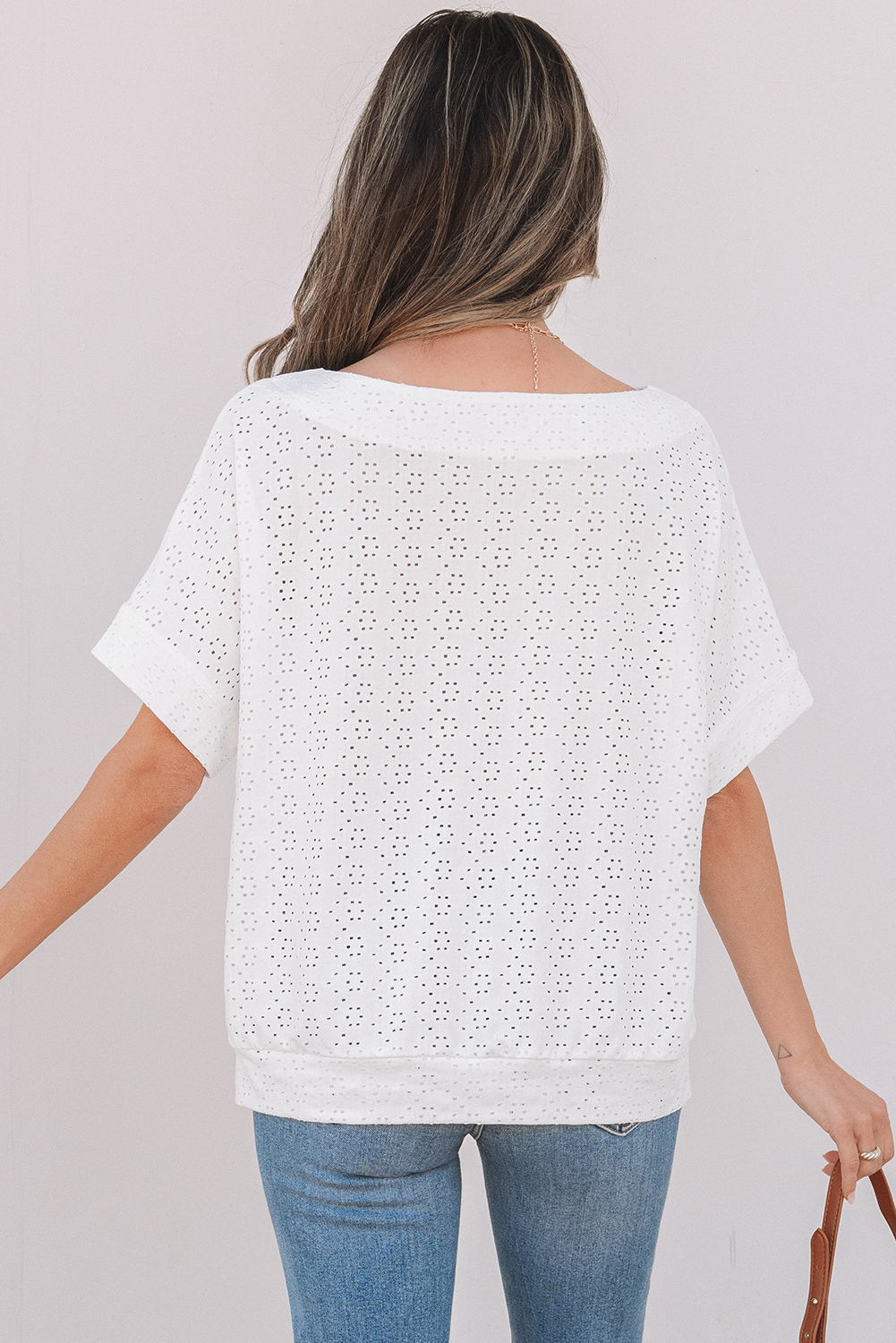 White Eyelet Pattern Boat Neck Casual Tee - loveforevers