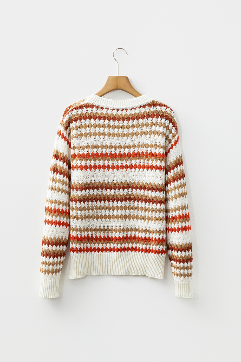 Brown Stripe Eyelet Patterned Drop Shoulder Sweater - loveforevers
