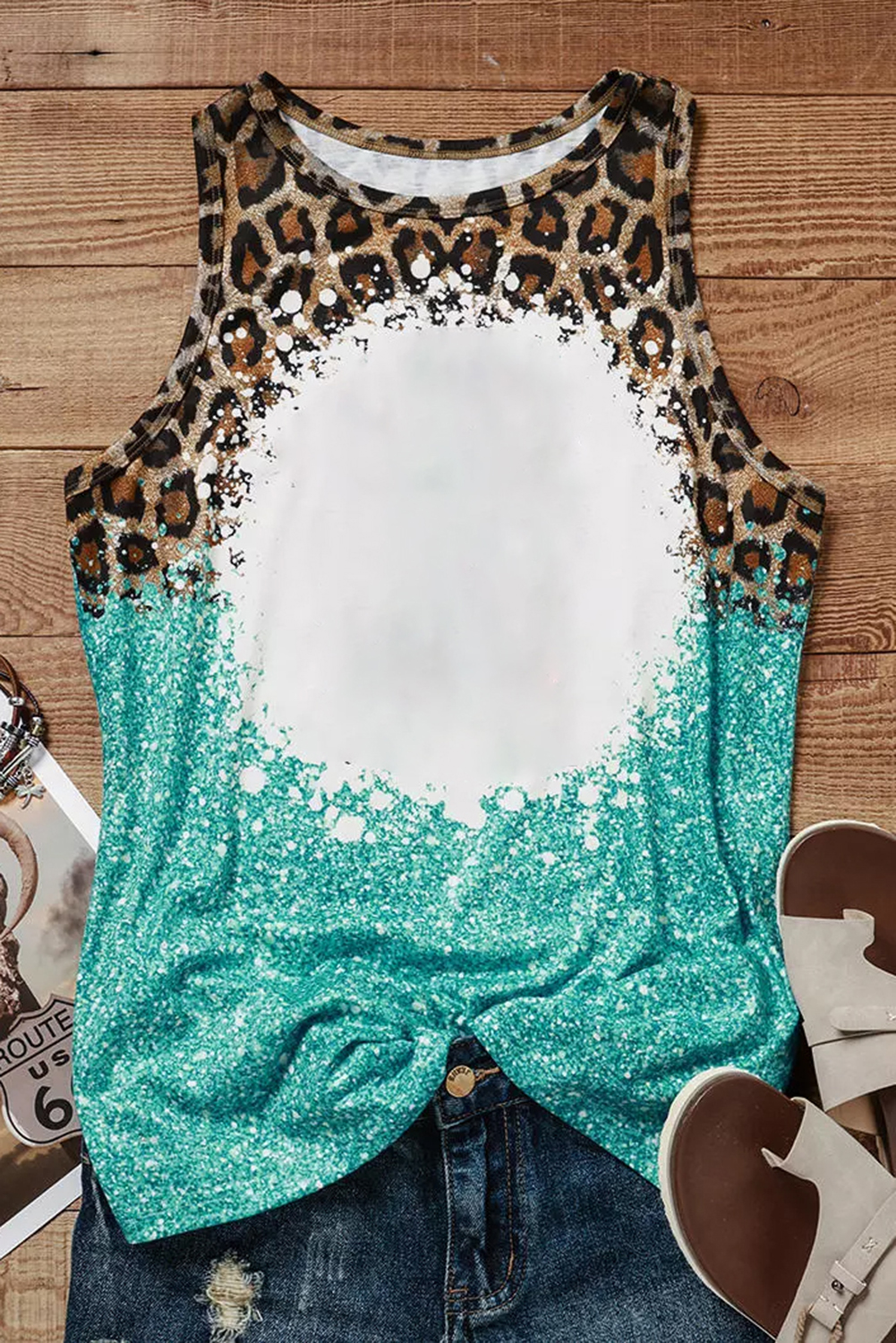 Light Blue Bleached Leopard Tie-dye Print Tank Top - loveforevers